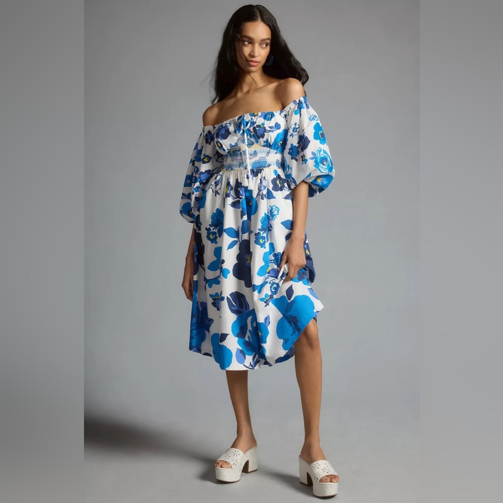 Plenty by Tracy Reese Off-The-Shoulder Puff-Sleeve Smocked Midi Dress - Picture 2 of 15